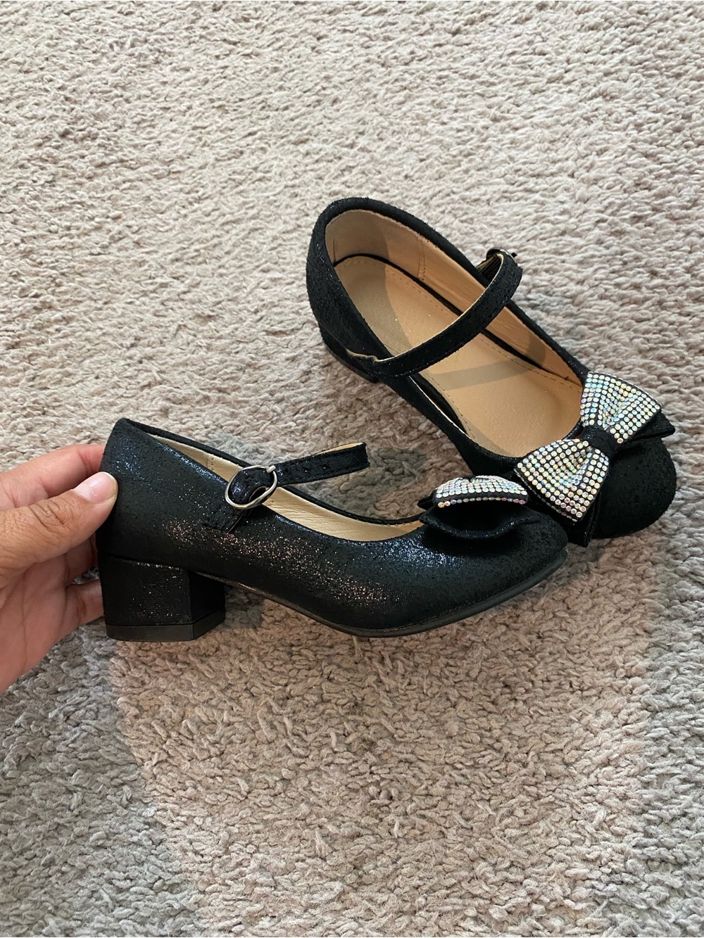 Girls Black Mary Jane Dress Shoes with Rhinestone Bow and heel